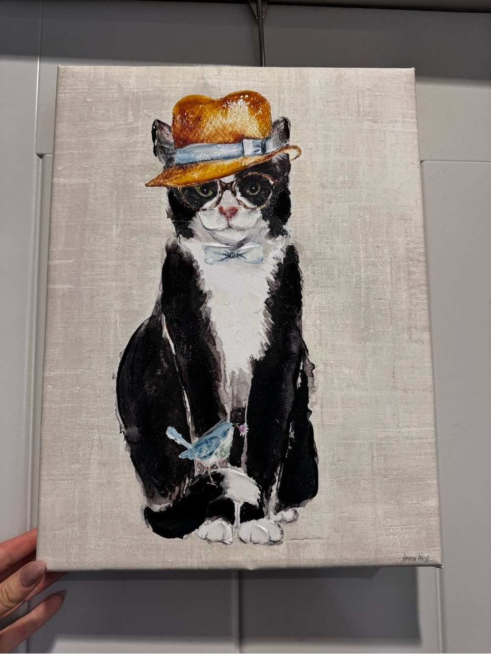 Stylish Black & White Cat Canvas Art with Yellow Hat